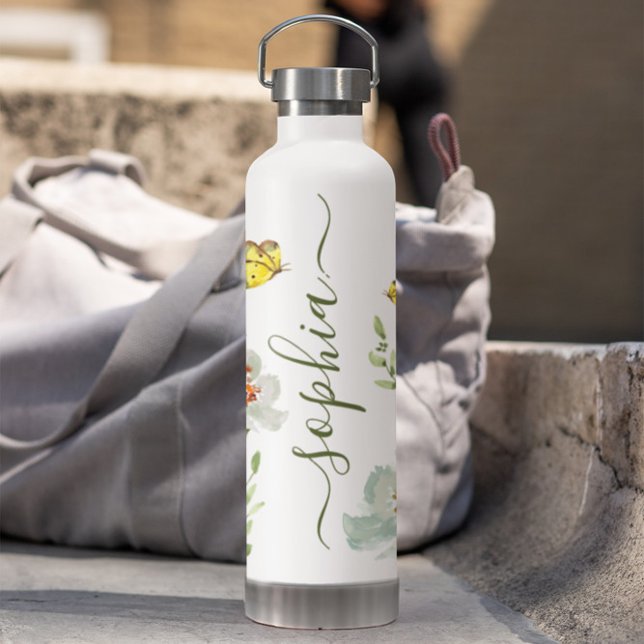 Boho Watercolor butterfly garden Personalized  Water Bottle (Butterfly watercolor personalized white water bottle.)
