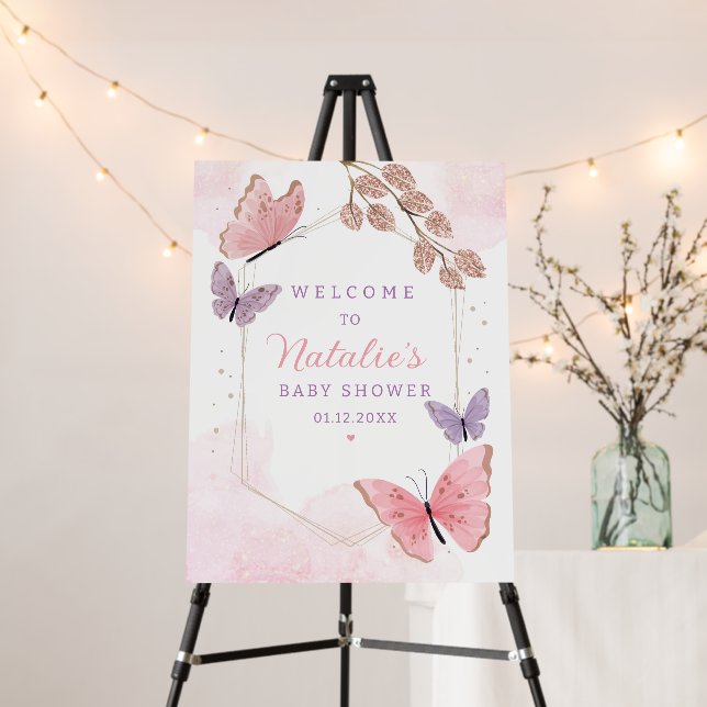 Boho Watercolor Butterfly Girl Baby Shower Welcome Foam Board (In Situ (Stand))