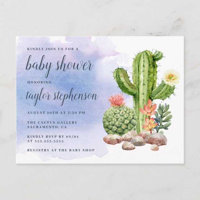 Boho Watercolor Cactus Baby Shower Invitation Postcard (Front)