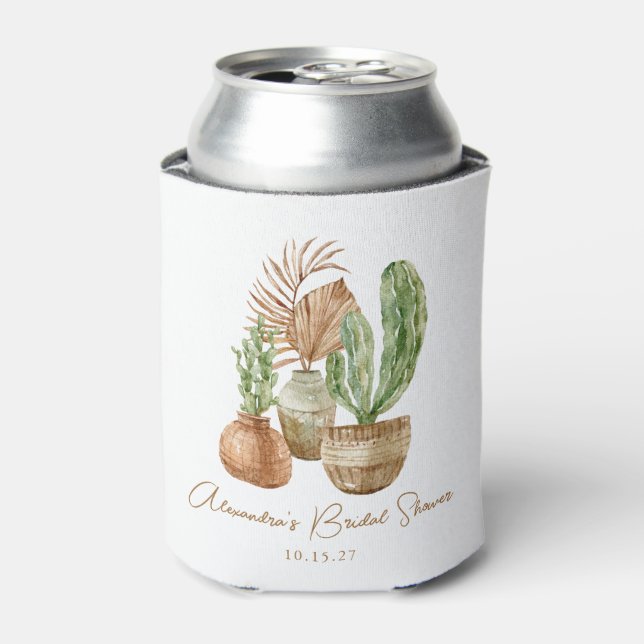 Boho Watercolor Cactus Pampas Plant Bridal Shower Can Cooler (Can Front)