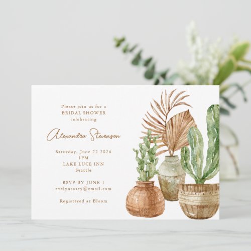 Boho Watercolor Cactus Pampas Plant Bridal Shower Invitation