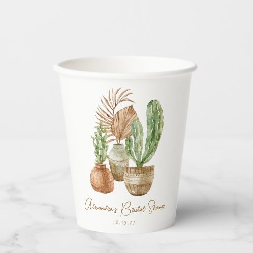 Boho Watercolor Cactus Pampas Plant Bridal Shower Paper Cups