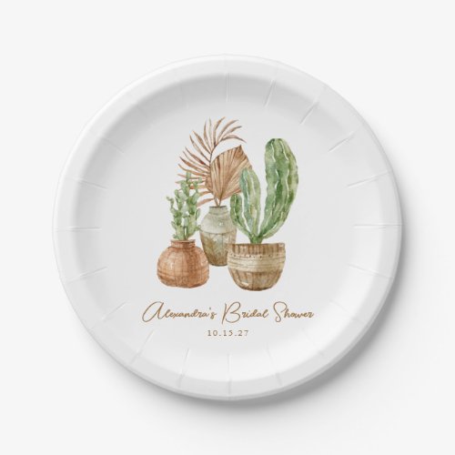 Boho Watercolor Cactus Pampas Plant Bridal Shower Paper Plates
