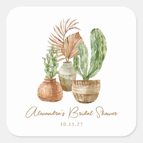 Boho Watercolor Cactus Pampas Plant Bridal Shower Square Sticker
