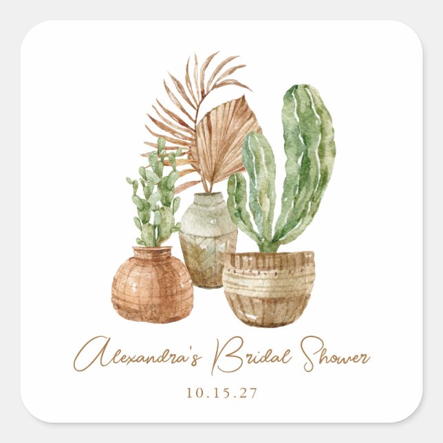 Boho Watercolor Cactus Pampas Plant Bridal Shower Square Sticker (Front)