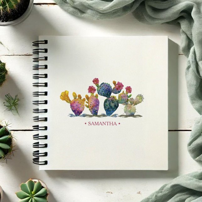 Boho Watercolor Cactus Personalized Journaling Notebook (Watercolor cactus notebook personalized with your name in pink. )