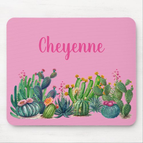 Boho Watercolor Cactus Succulent Pink Personalized Mouse Pad