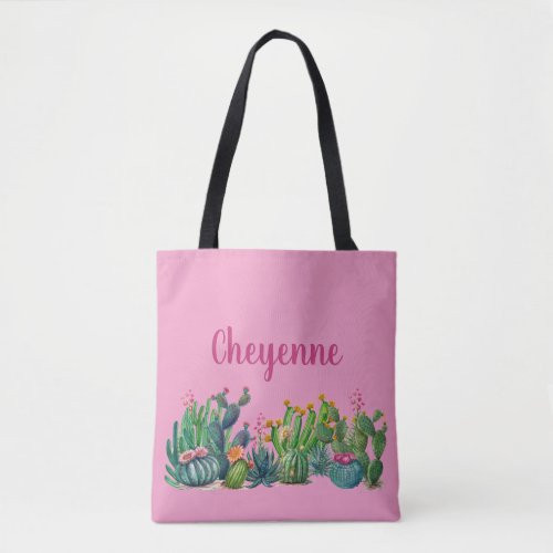 Boho Watercolor Cactus Succulent Pink Personalized Tote Bag