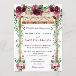 Boho Watercolor Canopy Burgundy Red Floral Wedding Invitation