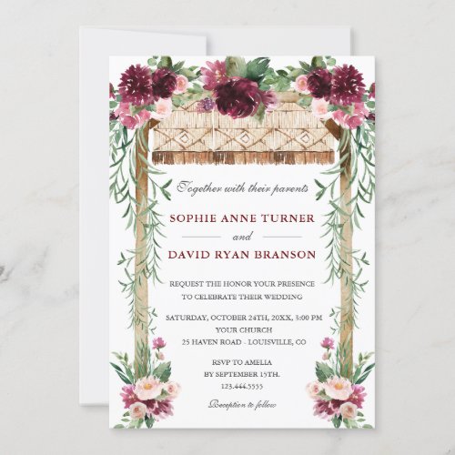 Boho Watercolor Canopy Burgundy Red Floral Wedding Invitation