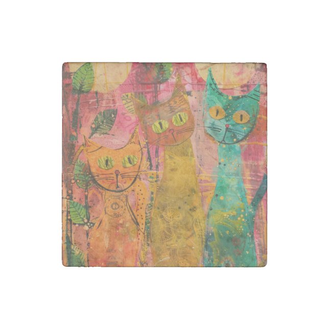 Boho Watercolor Cats – Earthy Feline Art (2) Stone Magnet (Front)