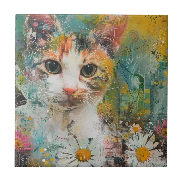 Boho Watercolor Cats – Earthy Feline Art (3) Ceramic Tile (Front)
