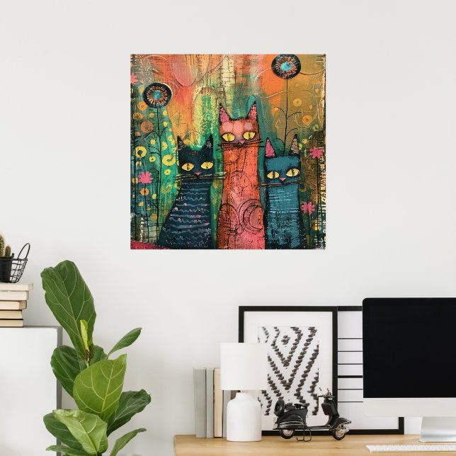 Boho Watercolor Cats – Earthy Feline Art Poster (Home Office)