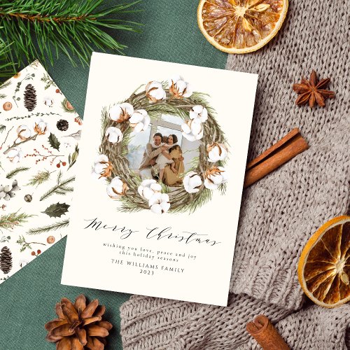 Boho Watercolor Christmas Cotton Wreath One Photo  Holiday Card