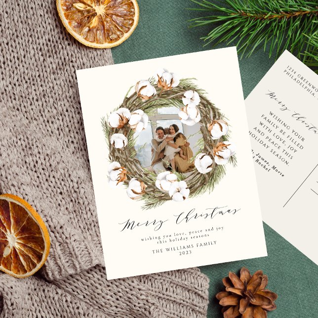 Boho Watercolor Christmas Cotton Wreath One Photo  Holiday Postcard (Creator Uploaded)