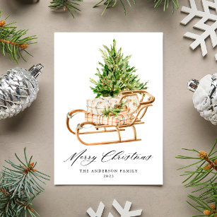 Boho Watercolor Christmas Sleigh Non-Photo Holiday Card