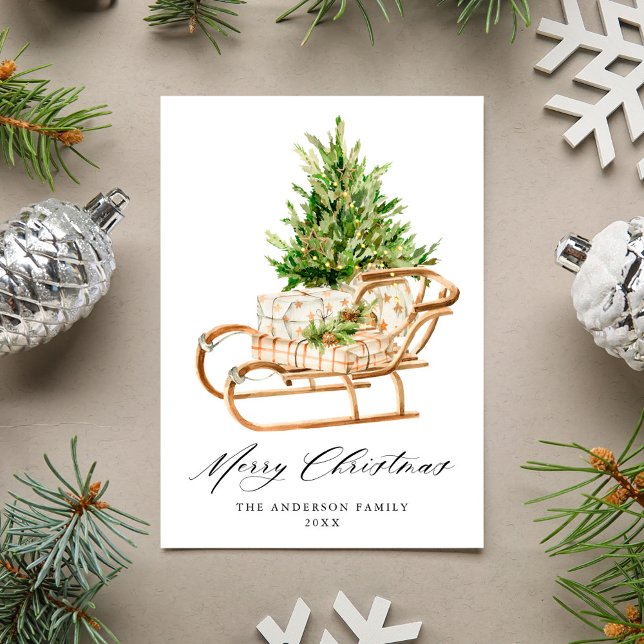 Boho Watercolor Christmas Sleigh Non-Photo Holiday Card (Creator Uploaded)