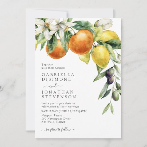 Boho Watercolor Citrus Botanical Wedding Invitation