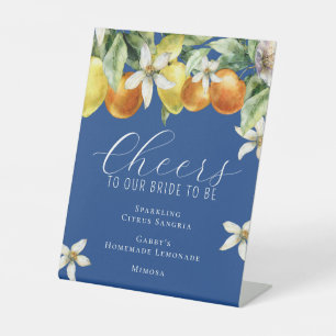 Boho Watercolor Citrus Bridal Shower Bar Menu Blue Pedestal Sign