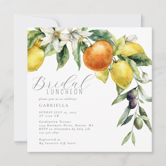 Boho Watercolor Citrus Lemon Orange Bridal Shower Invitation (Front)