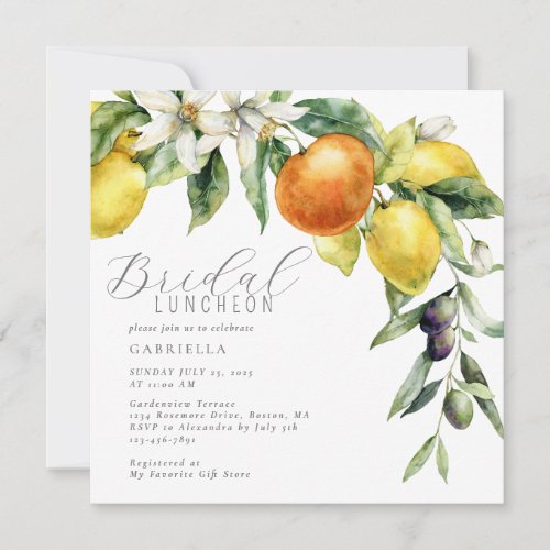Boho Watercolor Citrus Lemon Orange Bridal Shower Invitation