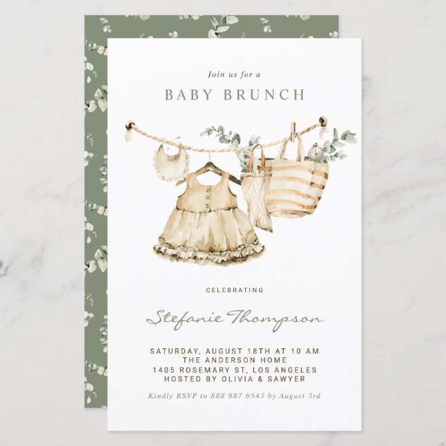 Boho Watercolor Clothesline Baby Brunch Invite (Front/Back)