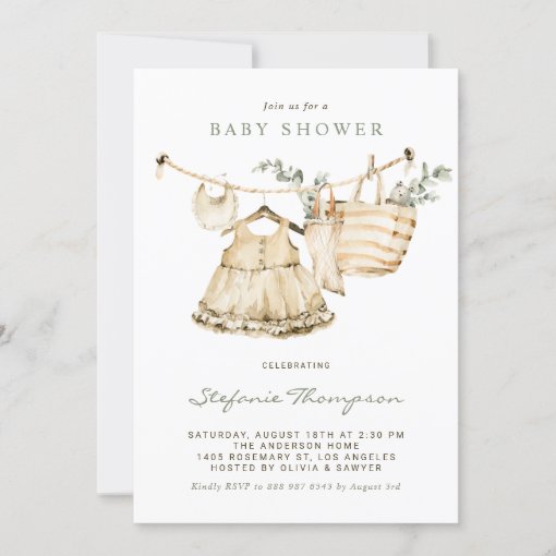 Boho Watercolor Clothesline Baby Shower Invitation | Zazzle