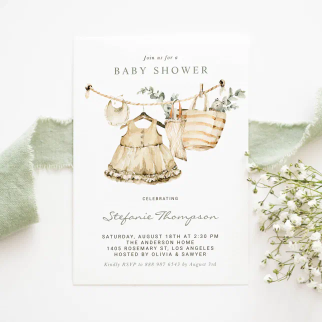 Boho Watercolor Clothesline Baby Shower Invitation | Zazzle