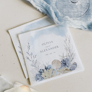 Boho Watercolor Coral Shells Beach Wedding Napkins