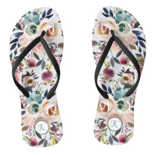 Boho Watercolor Cream Green Pink Monogram Floral Flip Flops