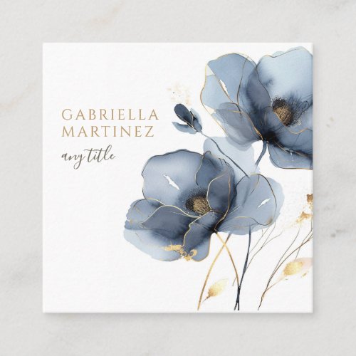 Boho Watercolor Dark Blue Floral Wildflower Square Business Card