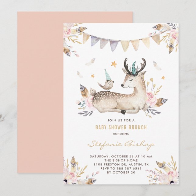 Boho Watercolor Deer and Bird Baby Shower Brunch Invitation (Front/Back)