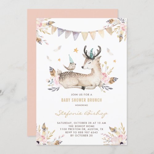 Boho Watercolor Deer and Bird Baby Shower Brunch Invitation