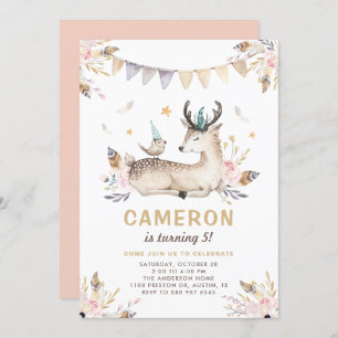 Boho Watercolor Deer and Bird Floral Kids Birthday Invitation