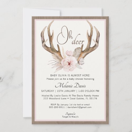 Boho Watercolor Deer Antler Baby Shower Invitation