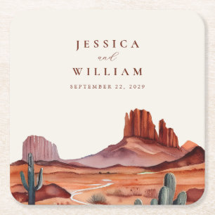Boho Watercolor Desert Wedding Square Paper Coaster