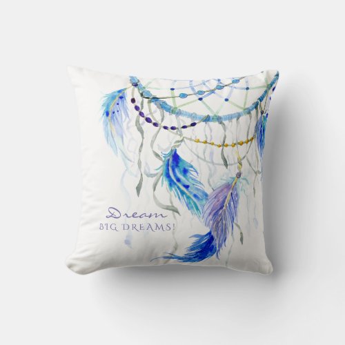 BOHO Watercolor Dream Catcher Big Dreams Feathers Throw Pillow