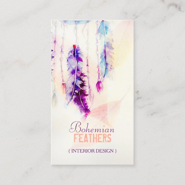 Boho Watercolor Dreamcatcher Feathers Business Card (Front)