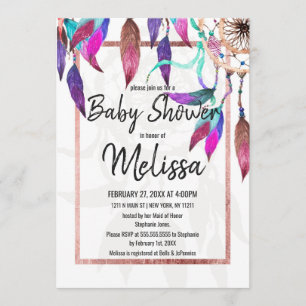 Boho Watercolor Dreamcatcher Rose Gold Baby Shower Invitation