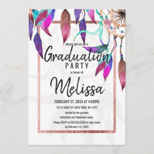 Boho Watercolor Dreamcatcher Rose Gold Graduation Invitation