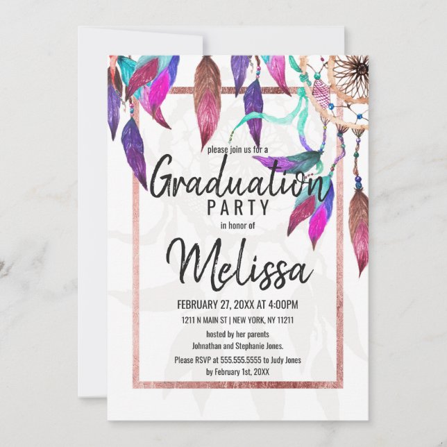 Boho Watercolor Dreamcatcher Rose Gold Graduation Invitation (Front)