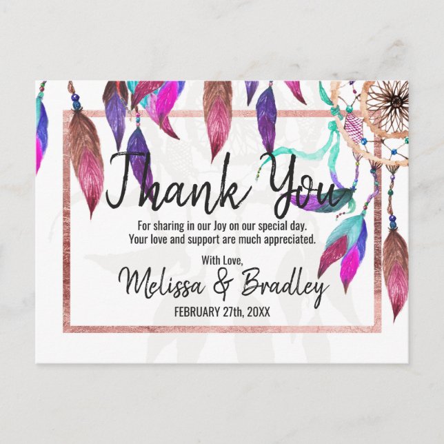 Boho Watercolor Dreamcatcher Rose Gold Thank You Postcard (Front)