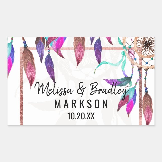 Boho Watercolor Dreamcatcher Rose Gold Wedding Rectangular Sticker (Front)