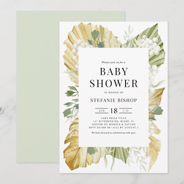 Boho Watercolor Dried Palm Leaves Baby Shower Invitation (Front/Back)
