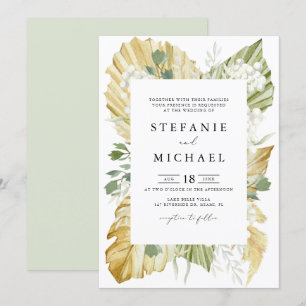 Boho Watercolor Dried Palm Leaves Summer Wedding Invitation