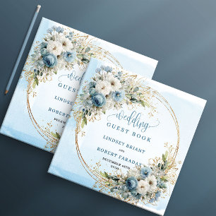 Boho Watercolor Dusty Blue Floral Gold Wedding Guest Book