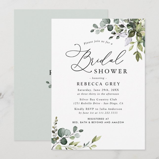 Boho Watercolor Dusty Blue Greenery Bridal Shower Invitation (Front/Back)