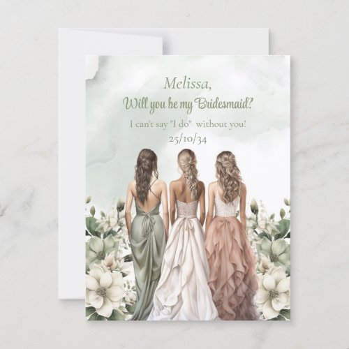 Boho Watercolor dusty green white roses Bridesmaid Invitation