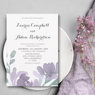 Boho Watercolor Dusty Purple Florals Wedding Invitation
