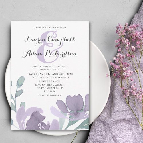 Boho Watercolor Dusty Purple Florals Wedding  Invitation